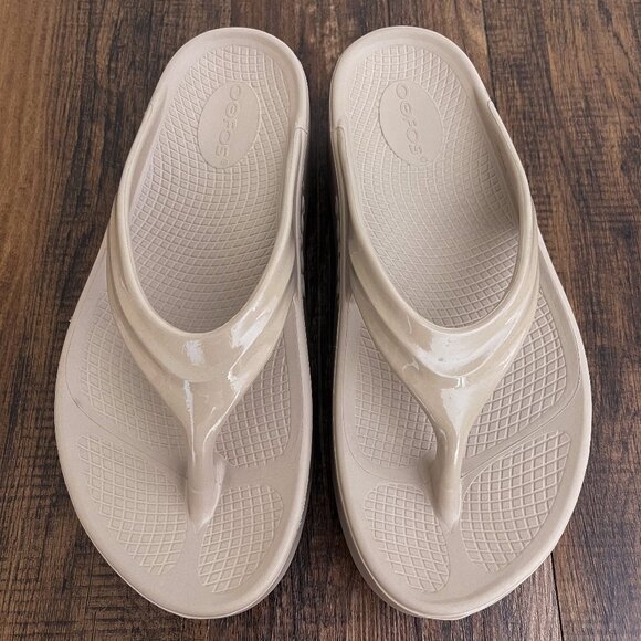 OOFOS OOmega OOlala Sandal Platform Recovery Shoe Comfort Size 9 Nomad Tan Nude - Picture 3 of 13